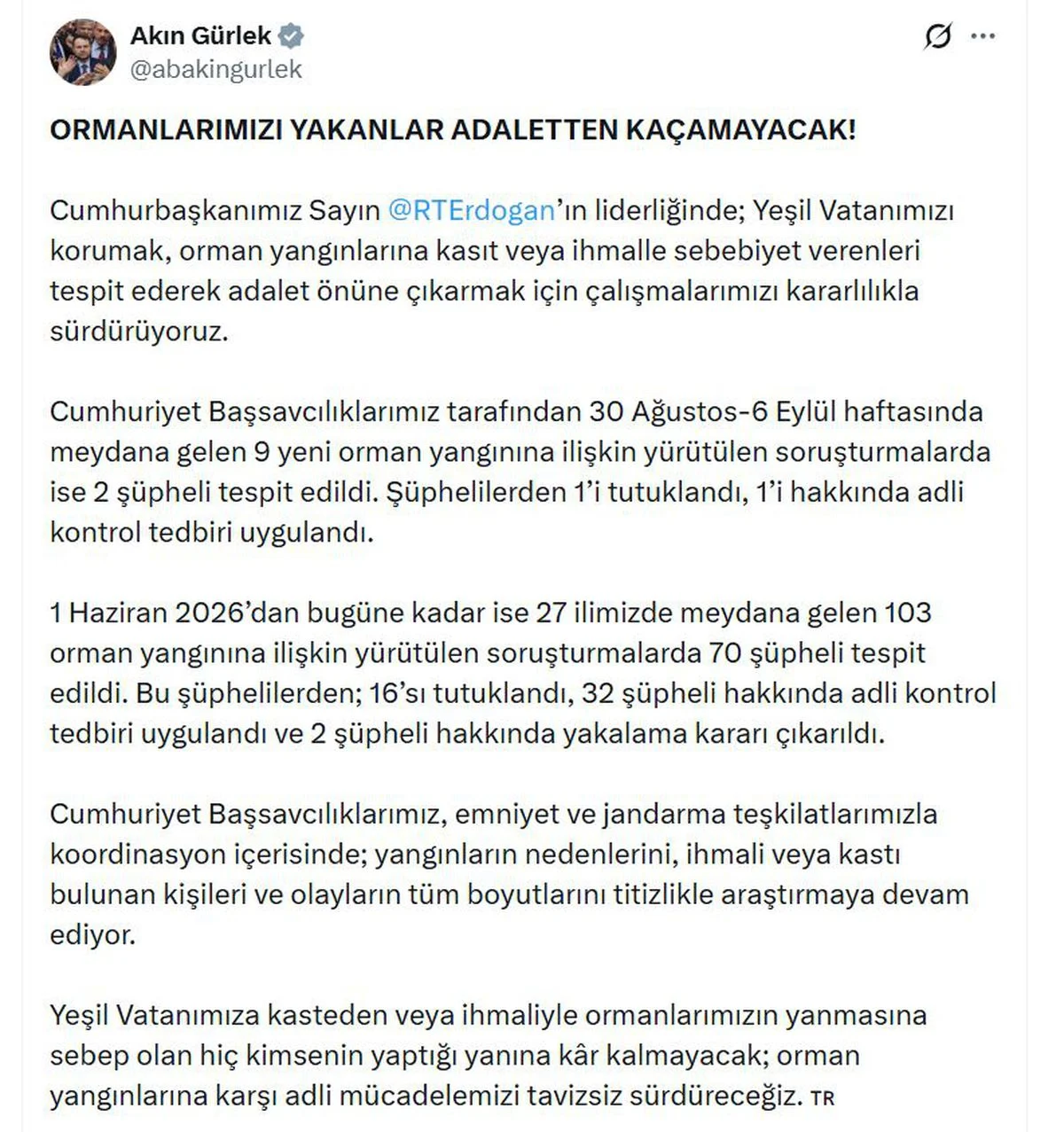 Bakan Gürlek: Orman yangınlarında 16 tutuklama